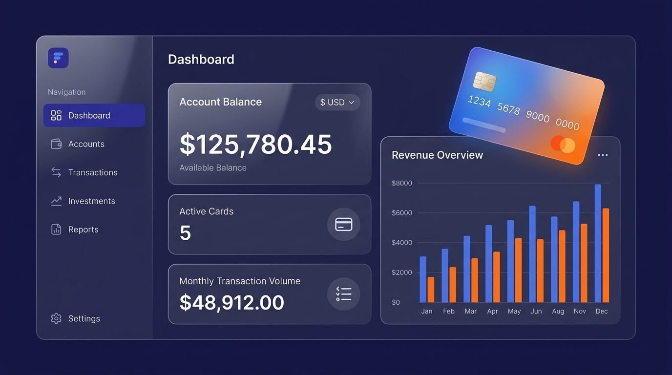 DATU Platform Dashboard - Fintech dashboard showing balance, charts, and credit card interface