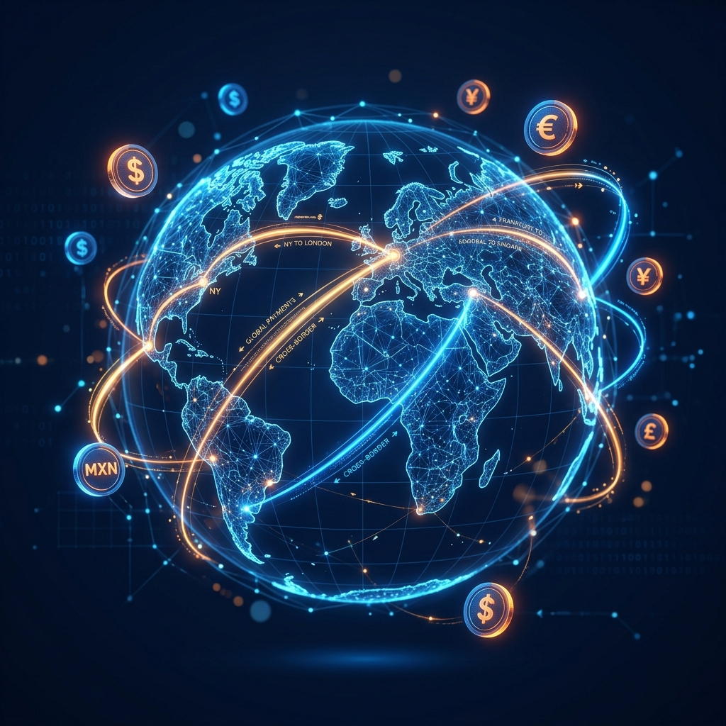 3D globe with international currency symbols representing cross-border transactions