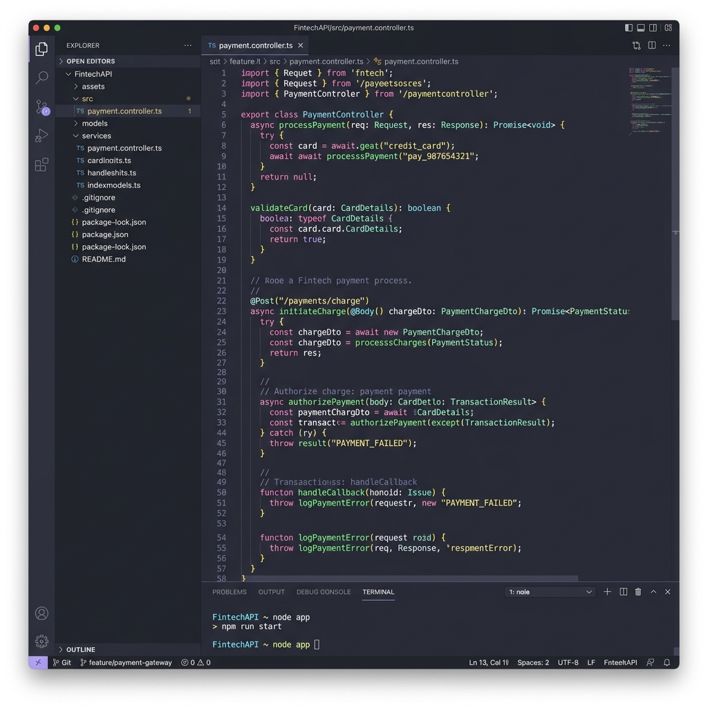 VS Code IDE showing fintech API code for payment processing